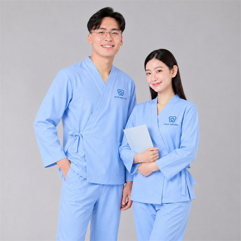 Bộ áo bệnh nhân màu xanh, cổ chéo buộc dây, thêu logo cơ sở — Blouse Minh Mỹ