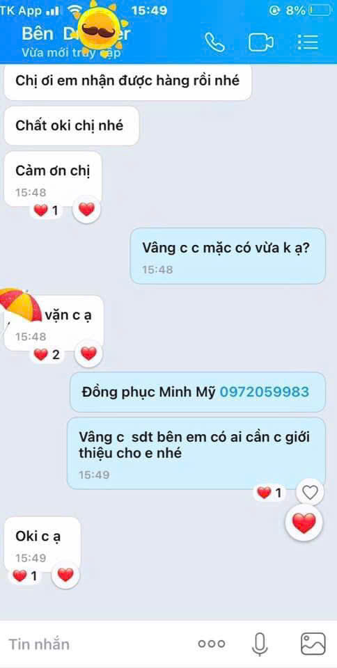 Tin nhắn Zalo phản hồi về đồng phục y tế Minh Mỹ